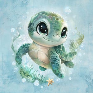 Turtle Fabric Panel, Sea Life Marine Ocean Animal Kawaii Fabric for Clothes, Crafts & Decor - French Terry - 16&quot; x 20&quot; (40 x 50 cm)