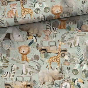 Grüner Safari Stoff, Abenteuer Wild Exotic Wald Dschungel Tiere Hippo Löwe Zebra Design - Perfekt für Kleidung, Accessoires, Kunsthandwerk & Dekor