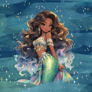 Golden Princess Fabric Panel, Ocean Mermaid Under the Sea Siren Nautical - Clothes, Crafts, Decor - French Terry - 16&quot; x 20&quot; (40 x 50 cm)