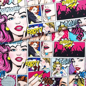 Tela de cómic, diseño retro de dibujos animados pop art divertidos para fiestas, perfecta para prendas, accesorios, manualidades y decoración