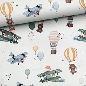 Sky Animals Fabric, Airplane Balloon Pilot Bear Fox Design - 155 cm (61”) Wide - 100% Cotton - Perfect for Quilting, Crafts, Apparel & Decor