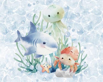 Under the Sea Fabric Panel, Ocean Animal Octopus Coral Reef Fabric for Clothes, Crafts & Decor - French Terry - 16" x 20" (40 x 50 cm)