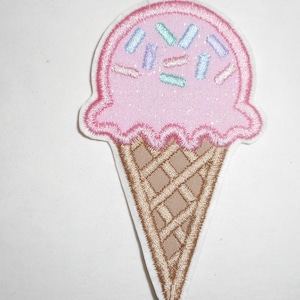 Glitter Pink Ice Cream Cone iron on patch- Applique - Iron-On Embroidery Patch