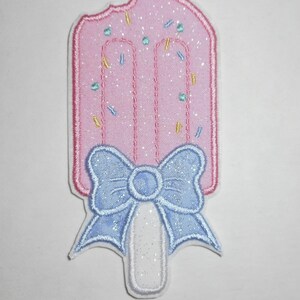 Popsicle Iron On Applique – Pink Ice Cream- Patch- - Bow-machine embroidery