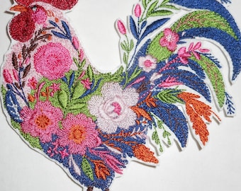 Floral Rooster Iron On Patch – Embroidered Applique-chicken- all thread patch