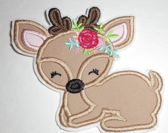 Deer- floral      flower deer- Ready to  Ship  patch - - Machine Embroidery- iron on- applique-patch- free shipping