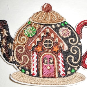 Teapot-gingerbread house- iron on patch-applique- machine embroidery-teapot