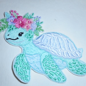 Floral Turtle Patch – Birthday Applique, Machine Embroidery Iron-On (102.4mm x 127.0mm)