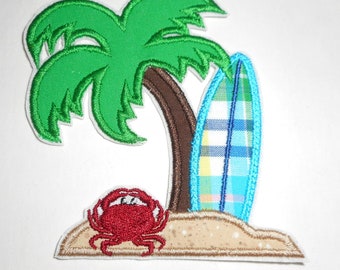 Beach-surfboard=crab  -  iron on-Ready to Ship patch -  Machine Embroidery -   iron on- applique -patch -