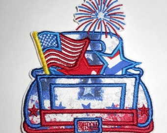 Fourth of  July  truck--Patriotic-  Independences Day. ready to ship patch-   Machine Embroidery-  iron on -applique-patch