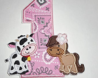 Birthday- cow- Number  1- Ready to Ship  patch-Machine Embroidery - iron on -applique- free shipping- applique