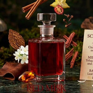 May include: A square glass perfume bottle filled with red liquid, accompanied by a card listing scent notes: cinnamon, clove, fruit, tobacco leaves, jasmine, red sandalwood, leather, amber, and musk. Floating ingredients include cinnamon sticks and star fruit.