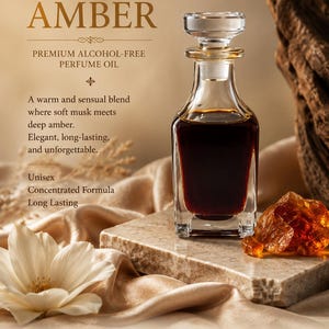 May include: A clear glass bottle filled with dark brown perfume oil, featuring a square base and a faceted stopper. The text reads Miski Amber, Premium Alcohol-Free Perfume Oil, A warm and sensual blend where soft musk meets deep amber, Elegant, long-lasting, and unforgettable, Unisex, Concentrated Formula, Long Lasting, Alcohol-Free, Highly Concentrated, Unisex, Long Lasting, Perfect Gift, Luxury Fragrance Experience.