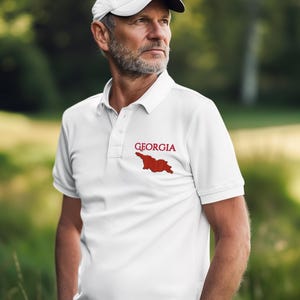 Polo brodé Georgia - Cadeau carte et culture géorgiennes | Polo patriotique pour homme et femme | Chemise Heritage œnologique et touristique
