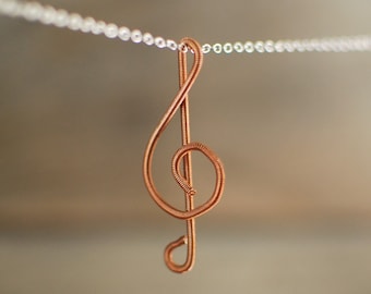 Piano Wire Treble Clef Necklace, Piano Wire Pendant, Treble Clef Pendant, Gift for Pianist, Gift for Musician, Piano Wire Jewelry, Copper