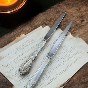 Op de afbeelding: Twee zilveren briefopeners met bloemmotieven liggen op verouderd papier met handgeschreven tekst. Een brandende kaars in een messing houder staat op de achtergrond en creëert een warm licht. De briefopeners hebben een gepolijste afwerking.