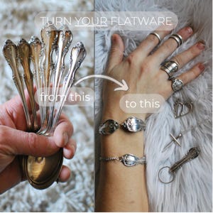 May include: Image showing the transformation of silverware into jewellery. On the left, a hand holds several ornate silver spoons. On the right, the spoons are repurposed into rings, bracelets, necklaces, and a keychain. Text reads: "TURN YOUR FLATWARE from this to this."