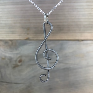 Piano Wire Treble Clef Necklace, Piano Wire Pendant, Treble Clef Pendant, Gift for Pianist, Gift for Musician, Piano Wire Jewelry