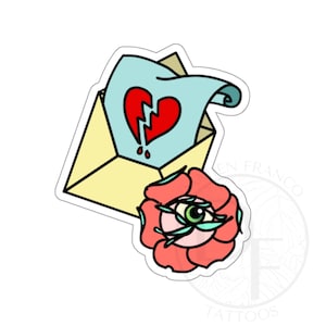 Stubborn Love Sticker, Tattoo Flash Art Sticker, Broken Heart Sticker, Love Letter Sticker, Rose Sticker, Broken Heart Flash Art Sticker