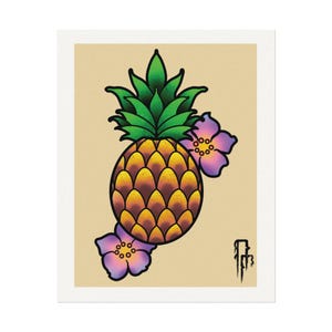 May include: A yellow pineapple with a green leafy crown and two purple flowers with yellow centers on a beige background.