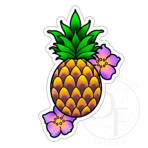 May include: A yellow pineapple with green leaves and two purple flowers with white centers. The pineapple is outlined in black and the flowers are outlined in white.