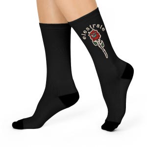 Elestrate Long Stem Rose Cushioned Crew Socks, Tattoo Flash Art Socks, Tattoo Art Socks, Rose Tattoo Socks, Elestrate Designer Socks