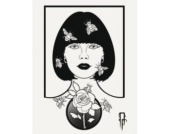 Impresión de chica abeja, impresión artística original, impresión artística de tatuaje flash, impresión de retrato de tatuaje, arte de abejas, arte del tatuaje, impresión de arte callejero, impresión artística de abejas