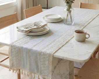 Bohemian Grey Table Runner, Textured Cotton Farmhouse Decor - Woven -  14x55 Inches