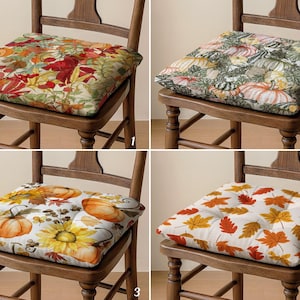 The image is a collage of four different chairs with square cushions featuring various fall-themed designs, including pumpkins, leaves, and sunflowers.