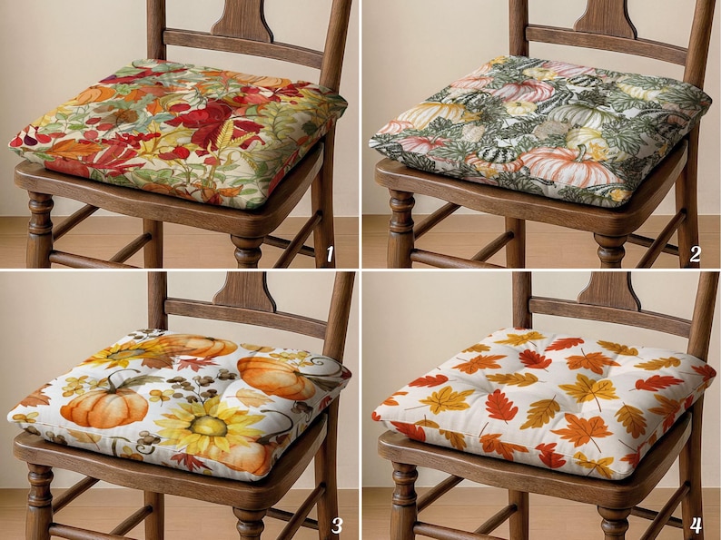 The image is a collage of four different chairs with square cushions featuring various fall-themed designs, including pumpkins, leaves, and sunflowers.
