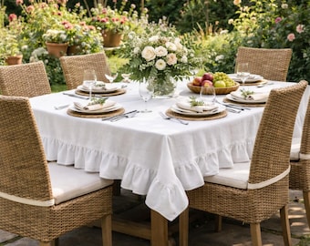 Rustic Cotton Linen Tablecloth, White Ruffles (Square or Rectangle)
