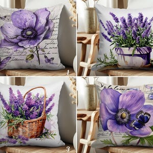 Purple Flowers Throw Pillow Cover, Anemone Floral Cushion Cover, Lavender Flower Couch Pillowcase, Floral Sofa Cushion Case, Botanical Decor