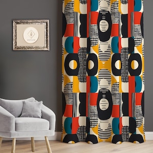 Mid Century Modern Curtain Panels, Retro Geometric Design Curtain, Grommet Darkening Curtain, Colorful Abstract Drapes, Cool Bedroom Curtain
