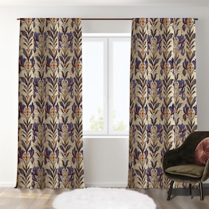 Art Nouveau Floral Curtains, Purple Flowers Living Room Curtain, Florals and Leaves Bedroom Drapes, Botanical Blackout Curtain, Cafe Curtain
