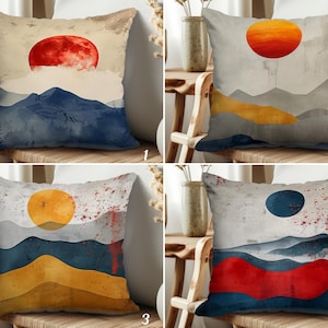 Boho Landscape Pillow Cover, Abstract Mountain and Sun Cushion Cover, Nature Scenery Pillowcase, Mountain View Cushion Case, Boho Pillow Top