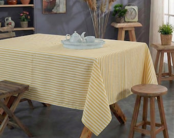 Yellow Striped Linen Tablecloth - Natural Farmhouse Table Cover (Rectangle & Square)