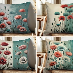 Elegant Poppy Flower Pillowcase, Meadow Flowers Cushion Cover, Shabby Chic Poppy Cushion Case, Watercolor Wildflowers Throw Pillow Cover
