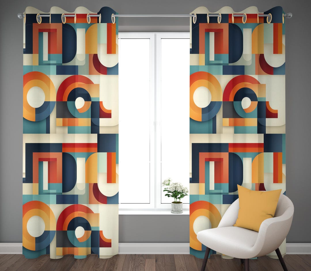 Retro Midcentury Modern Curtain, Bold Geometric Opart Drapes, Mod MCM — free download