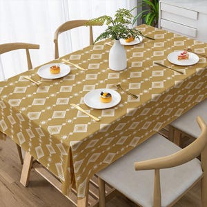 Geometric Mustard Dining Tablecloth, Boho Diamond Pattern Table Linen, Mid-Century Modern Tribal Dining Linen, Southwest Style Kitchen Decor