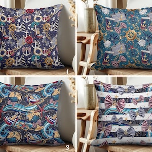 Nautical Pillow Cover, Maritime Cushion Cover, Striped Bow Pillow Slip, Anchor Accent Cushion Case, Beach House Pillowcase, Coastal Decor