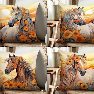 Floral Horse Throw Pillow Cover, Abstract Sunset Cushion Case, White and Brown Horses Pillowcase, Floral Horse Mane Pillow, Farmhouse Decor