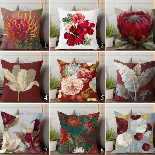 Throw Pillow Cover: Red Chrysanthemum and Hibiscus Floral Design