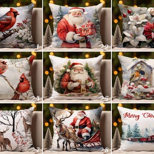 Cardinal Bird Cushion Case, Santa Claus Pillowcase, Christmas Floral Cushion Cover, Christmas Birds Pillow Cover, Festive Home Accents