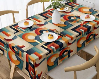 Retro Abstract Tablecloth: Warm Earth Tones, Geometric Grid