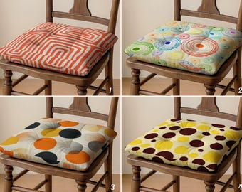 Colorful Linen Chair Cushion, Retro Dots, Cozy Seat Pad (With Ties)