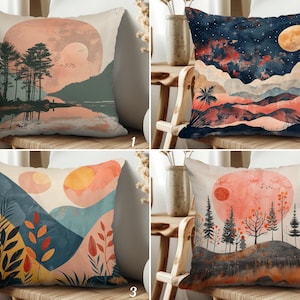 Abstract Minimalist Pillow Covers, Boho Mountain Pillow Sham, Nature Landscape Cushion Cover, Sunset Pillowcase, Moon Design Pillow Slip