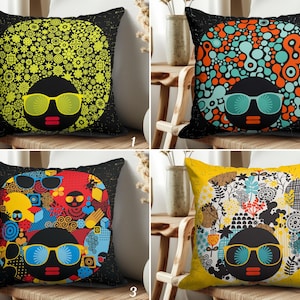 African Woman with Strange Hair Pillowcase, Funky Afrocentric Pillow Cover, Abstract Afro Hair Cushion Cover, Colorful Bohemian Cushion Case