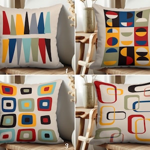 Mid Century Throw Pillow Cover, Colorful Retro Living Room Pillowcase, 1950s Style Cushion Cover, Abstract Geometric Shapes Pillow Slipcover