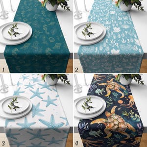 Sea Life Table Runner, Ocean-Inspired Coastal Decor with Starfish, Sea Turtles and Marine Plants, Nautical Table Decor, Underwater Runner