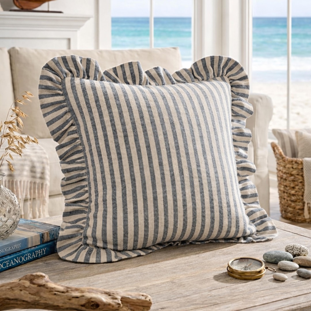 Striped linen throw pillow in coastal style